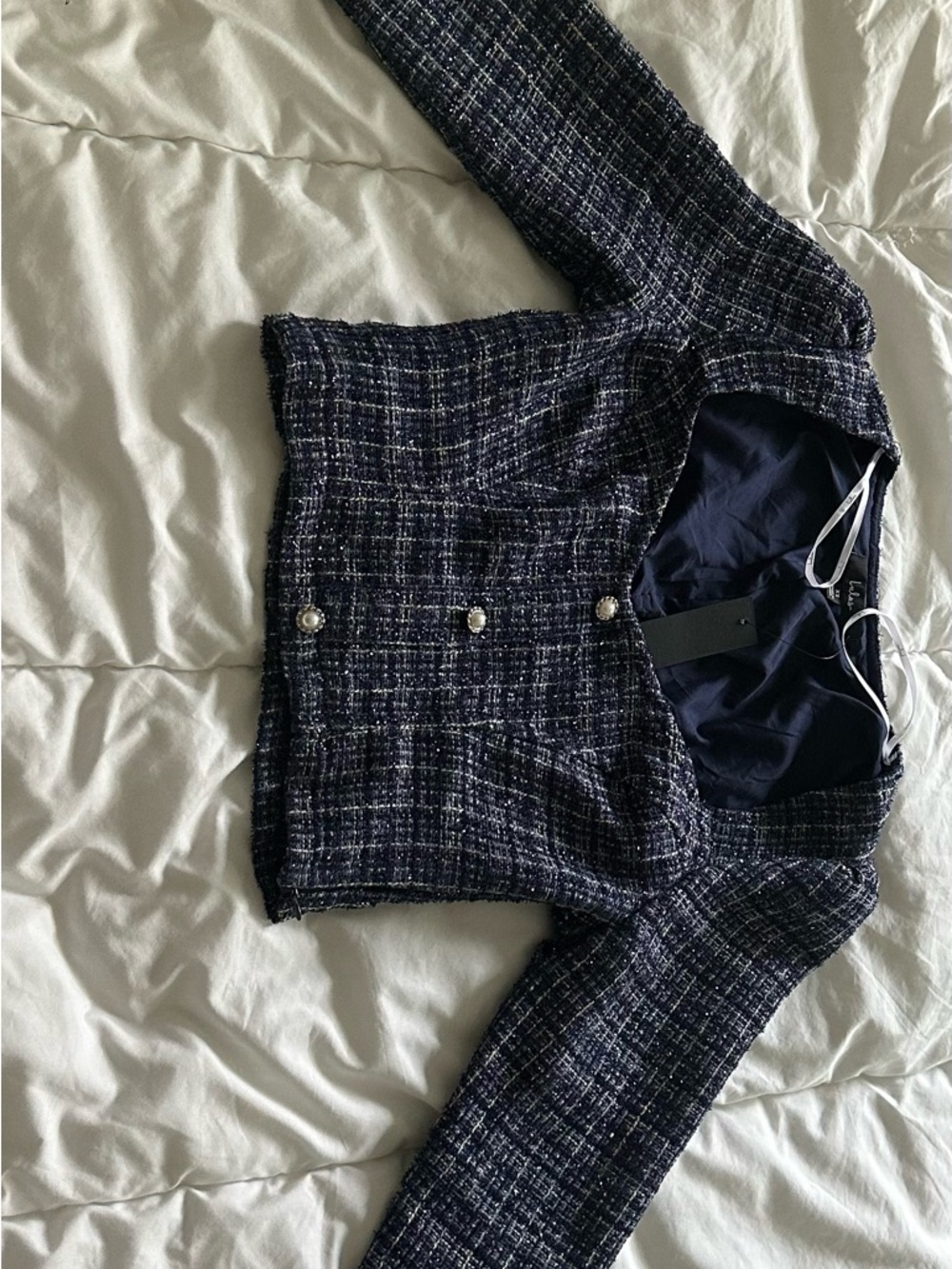 Executive Aesthetic Shiny Navy Blue Pearl Tweed Long Sleeve Top